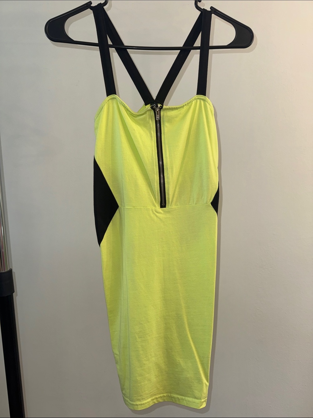 H&M Neon Yellow Bodycon Dress with Black Accents and Front Zip